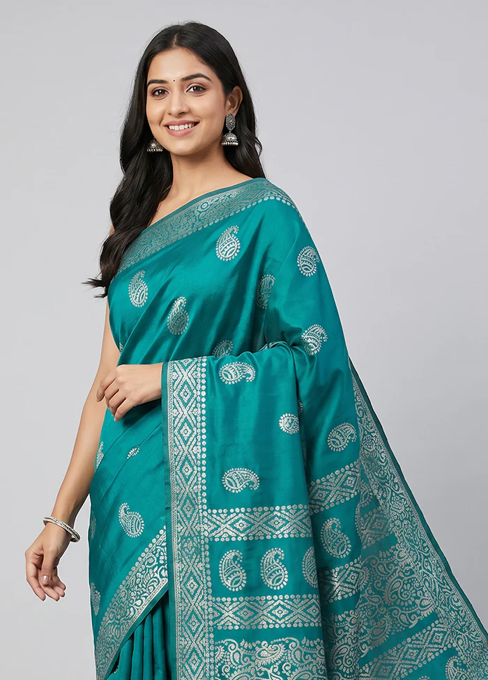 Blue Dupion Silk Saree With Blouse Piece - Image 2