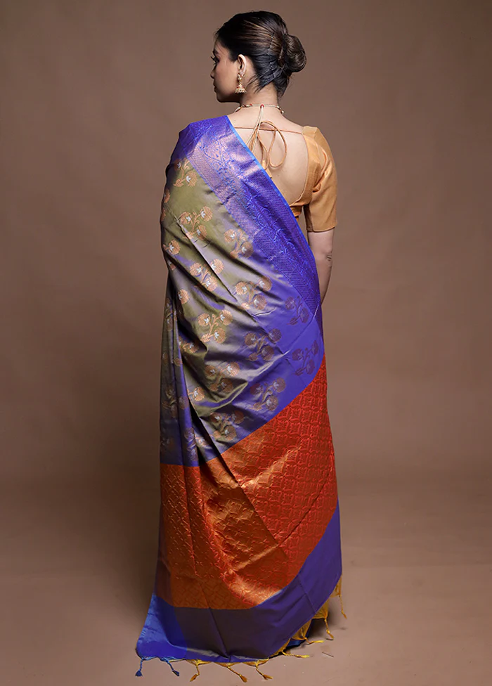 Blue Dupion Silk Saree With Blouse Piece - Image 3