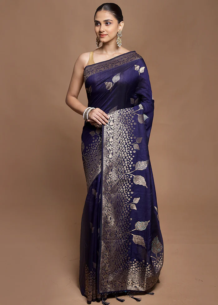 Blue Dupion Silk Saree With Blouse Piece