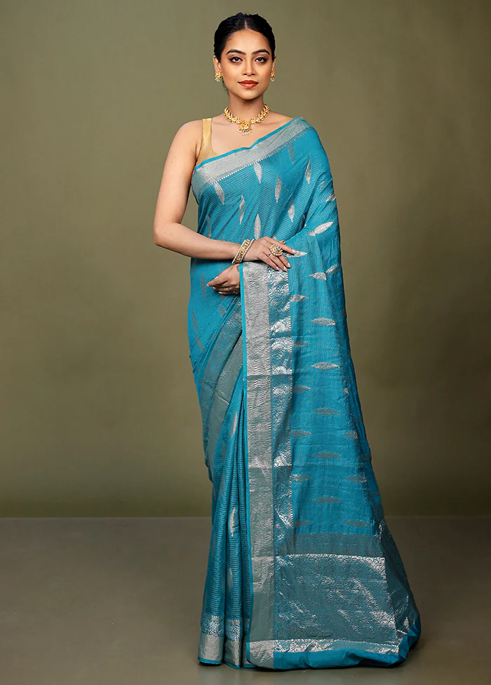 Blue Dupion Silk Saree With Blouse Piece - Image 2