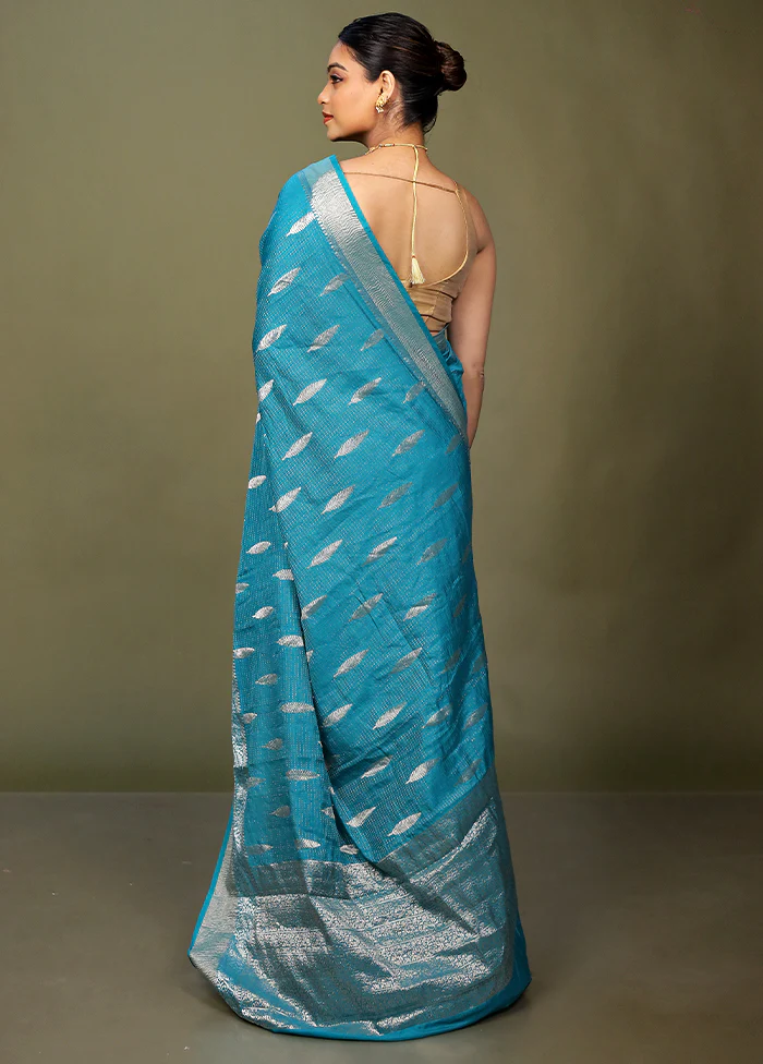 Blue Dupion Silk Saree With Blouse Piece - Image 3