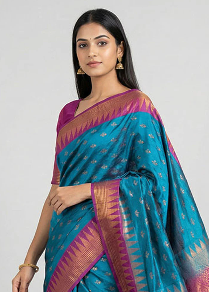 Blue Dupion Silk Saree With Blouse Piece - Image 2