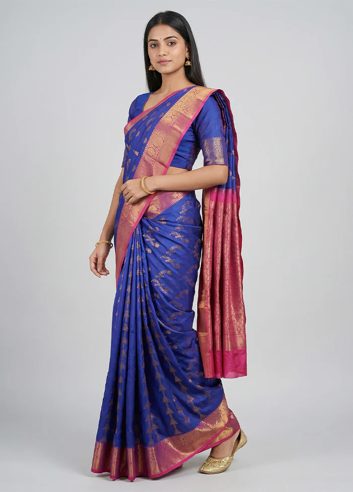 Blue Dupion Silk Saree With Blouse Piece