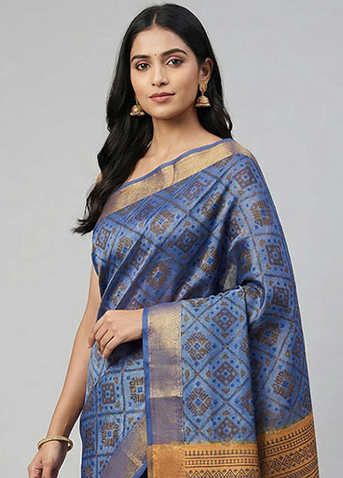 Blue Dupion Silk Saree With Blouse Piece - Image 2