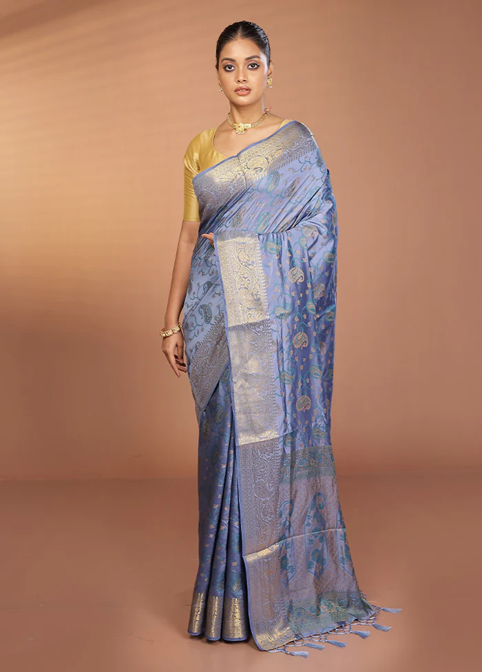 Blue Dupion Silk Saree With Blouse Piece - Image 2