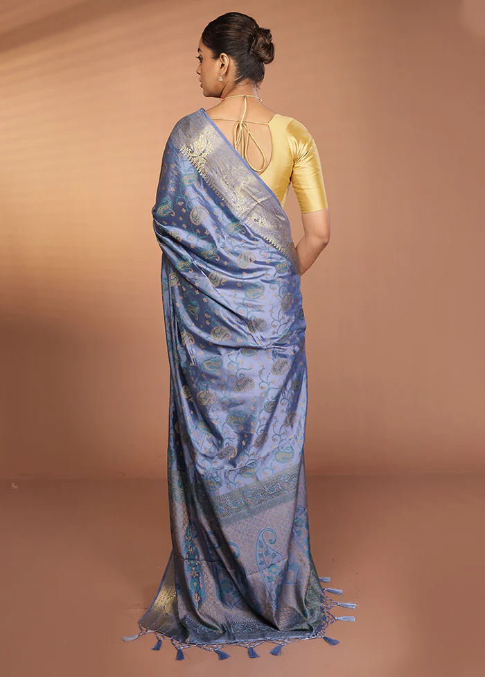 Blue Dupion Silk Saree With Blouse Piece - Image 3