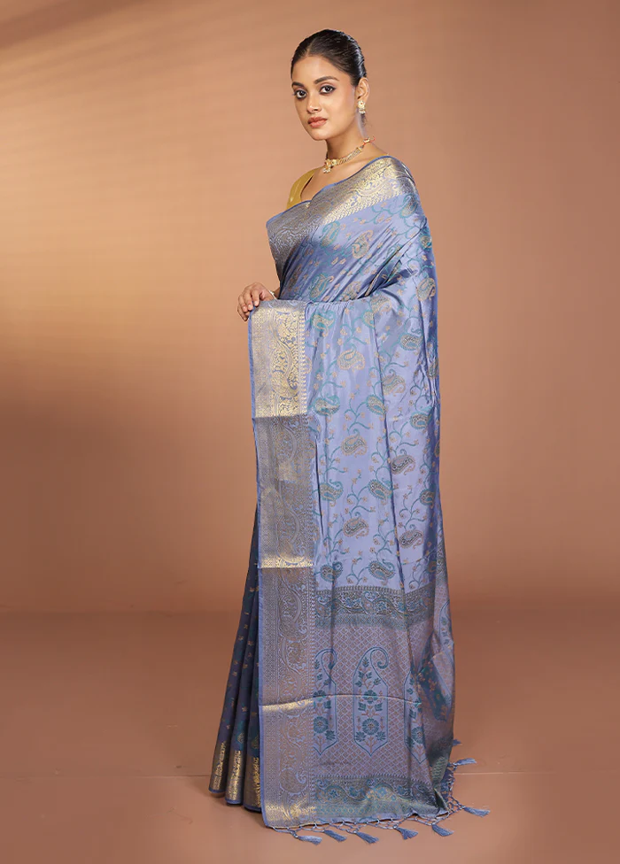 Blue Dupion Silk Saree With Blouse Piece - Image 4