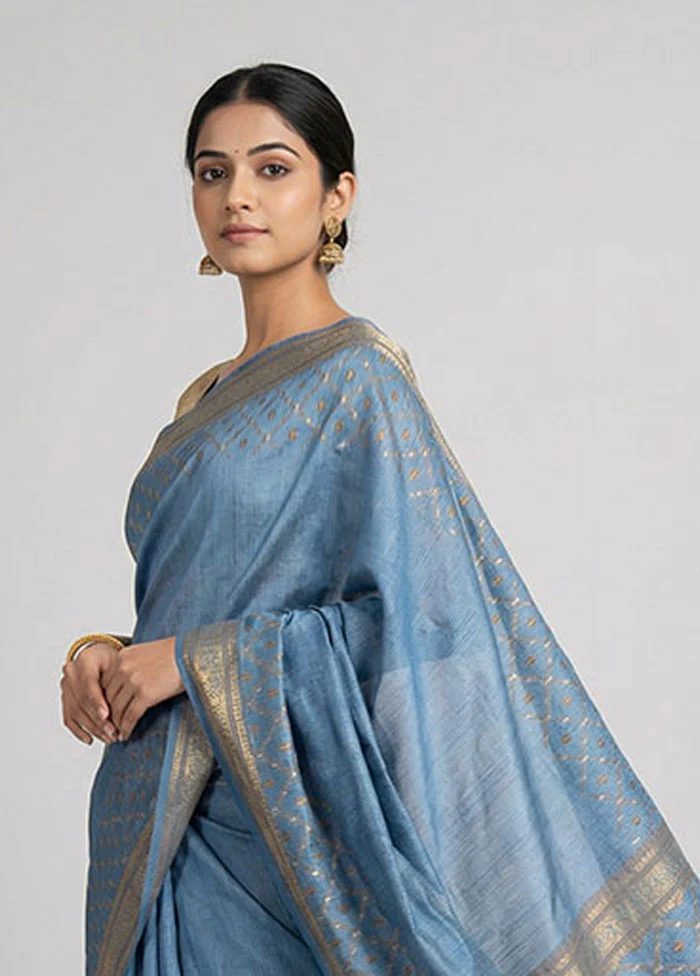 Blue Dupion Silk Saree With Blouse Piece - Image 2