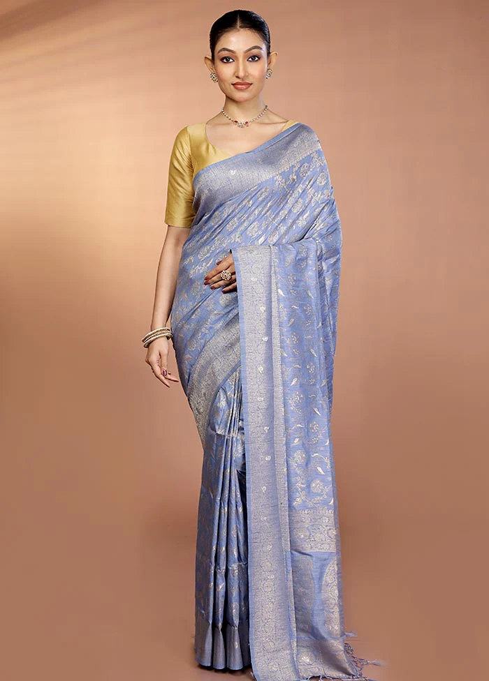 Blue Dupion Silk Saree With Blouse Piece - Image 2