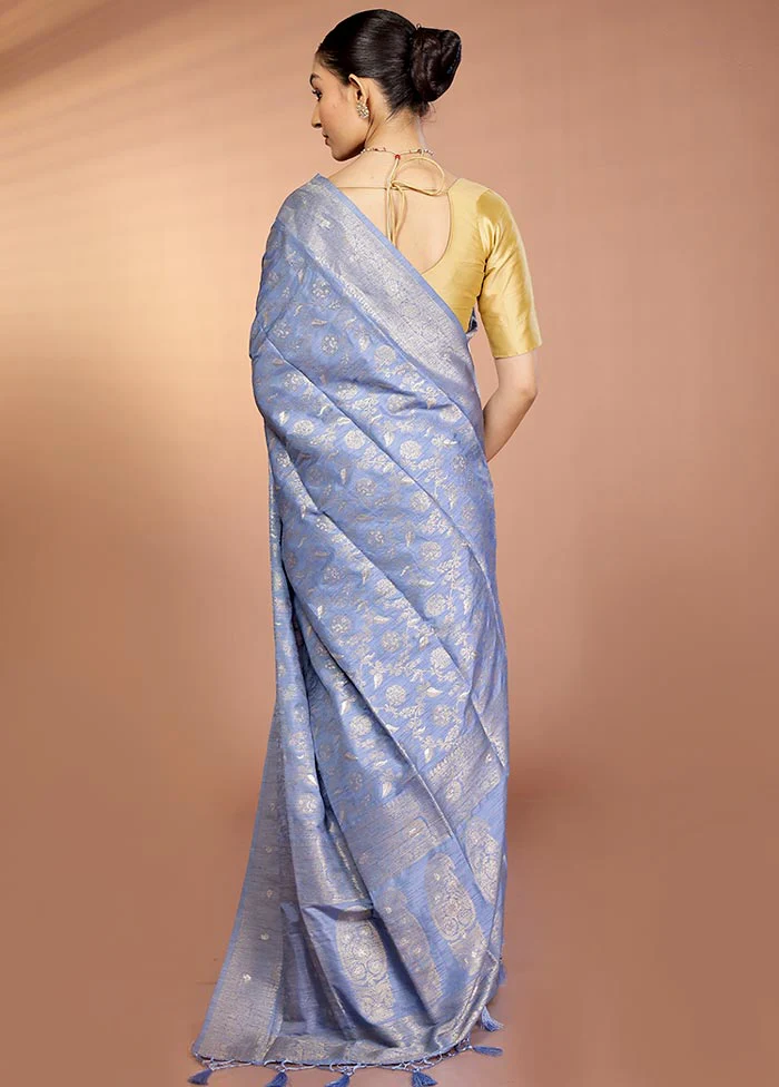 Blue Dupion Silk Saree With Blouse Piece - Image 3