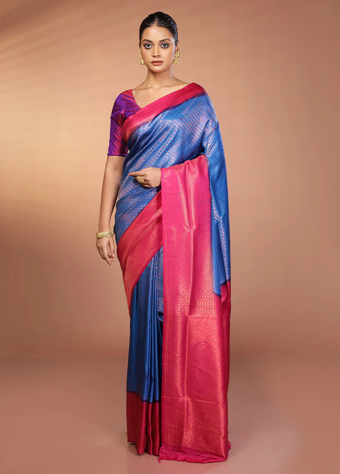 Blue Dupion Silk Saree With Blouse Piece - Image 2