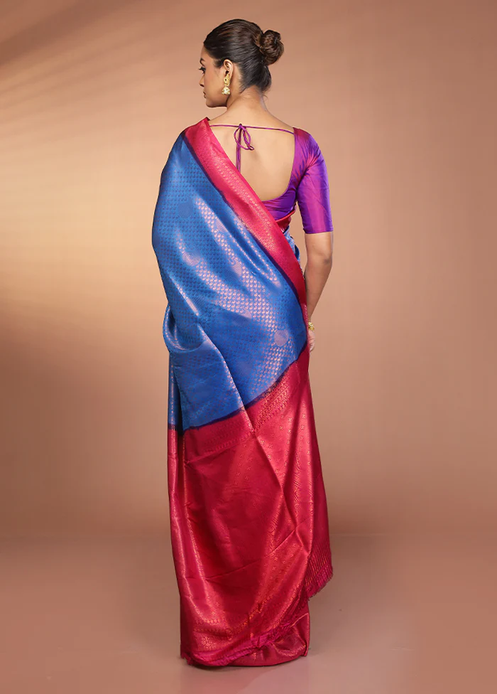 Blue Dupion Silk Saree With Blouse Piece - Image 3