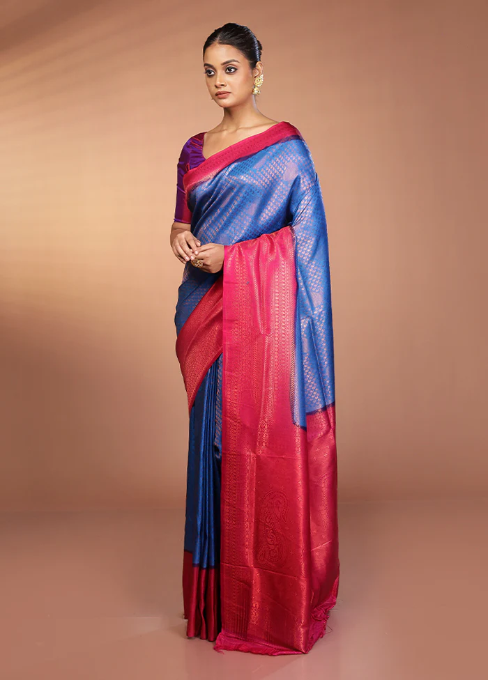 Blue Dupion Silk Saree With Blouse Piece - Image 4