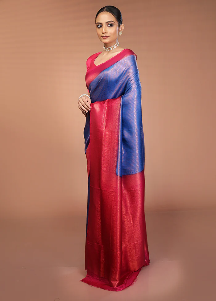 Blue Dupion Silk Saree With Blouse Piece - Image 4