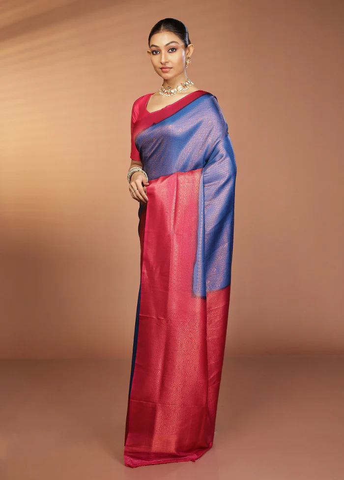 Blue Dupion Silk Saree With Blouse Piece - Image 4
