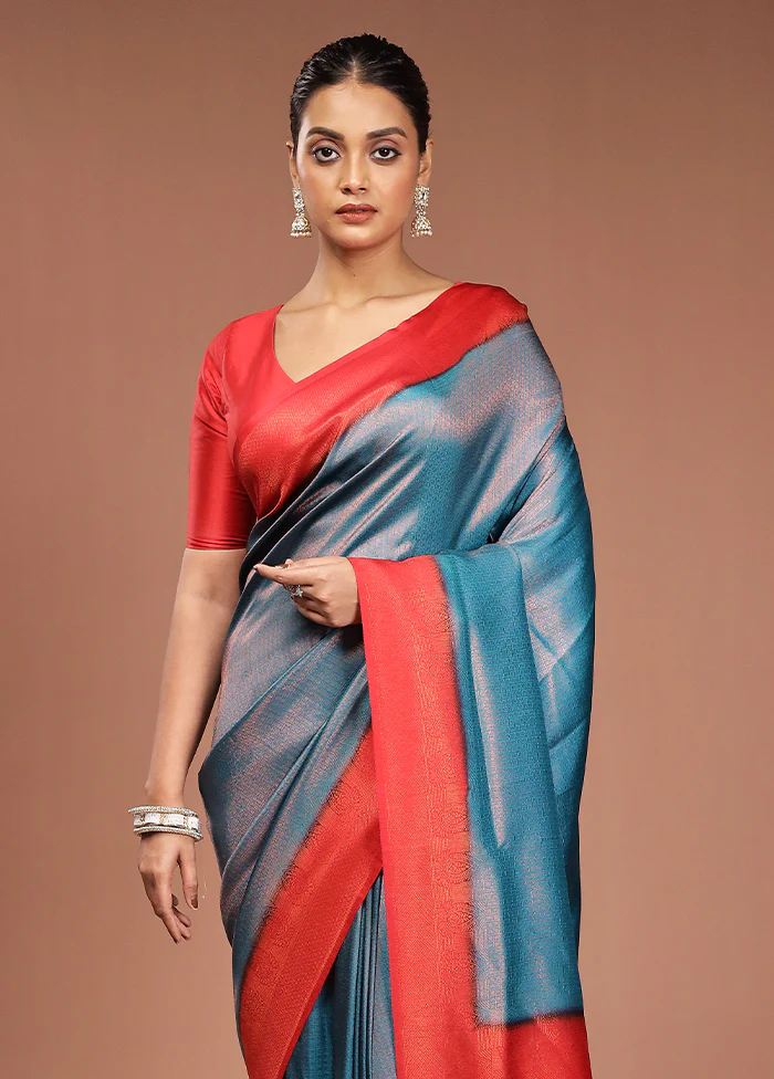 Blue Dupion Silk Saree With Blouse Piece