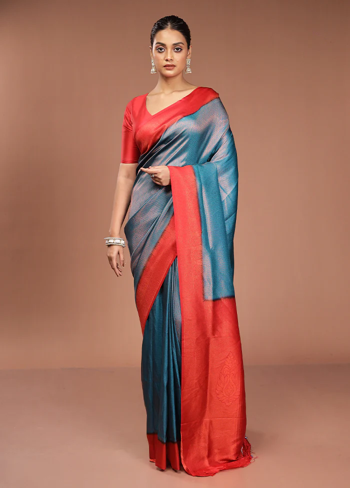 Blue Dupion Silk Saree With Blouse Piece - Image 2