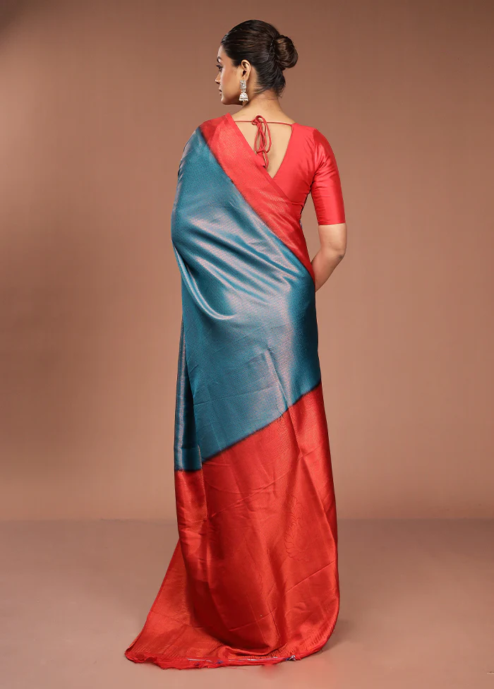 Blue Dupion Silk Saree With Blouse Piece - Image 3