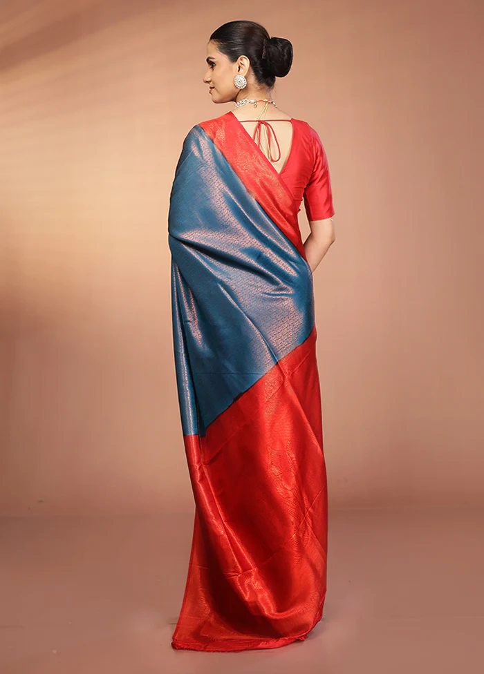 Blue Dupion Silk Saree With Blouse Piece - Image 3