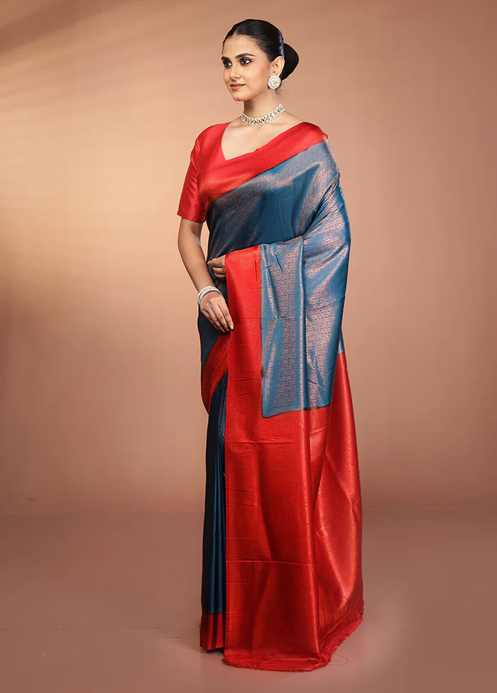 Blue Dupion Silk Saree With Blouse Piece - Image 4