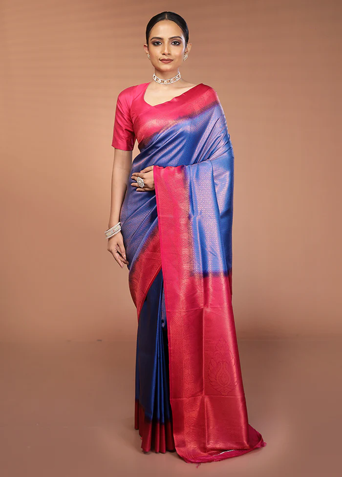 Blue Dupion Silk Saree With Blouse Piece - Image 2