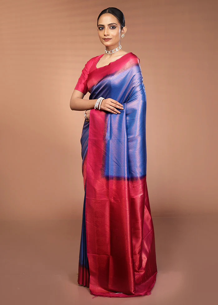 Blue Dupion Silk Saree With Blouse Piece - Image 4