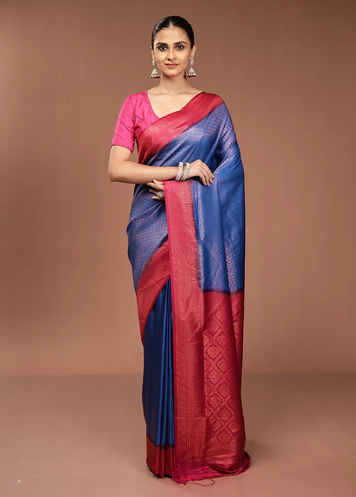 Blue Dupion Silk Saree With Blouse Piece - Image 2