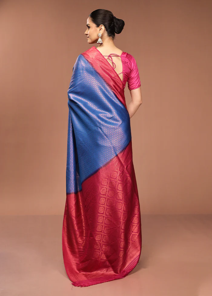 Blue Dupion Silk Saree With Blouse Piece - Image 3