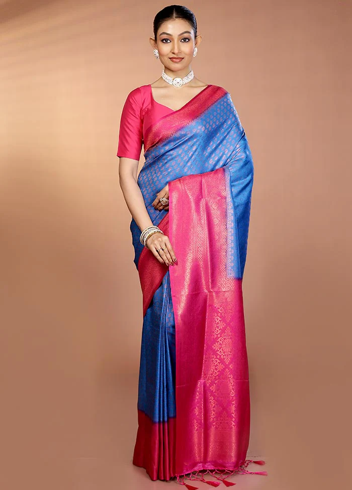 Blue Dupion Silk Saree With Blouse Piece - Image 2