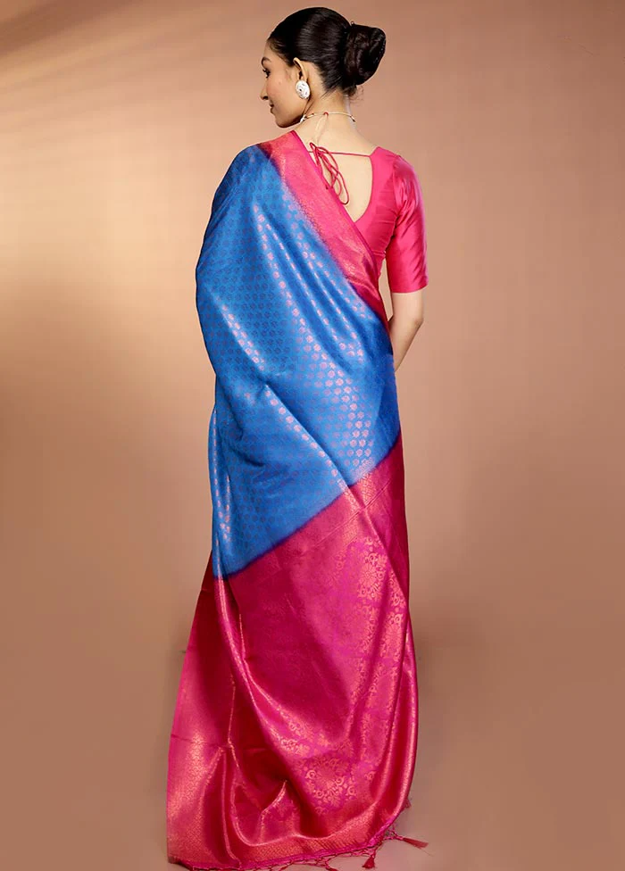 Blue Dupion Silk Saree With Blouse Piece - Image 3