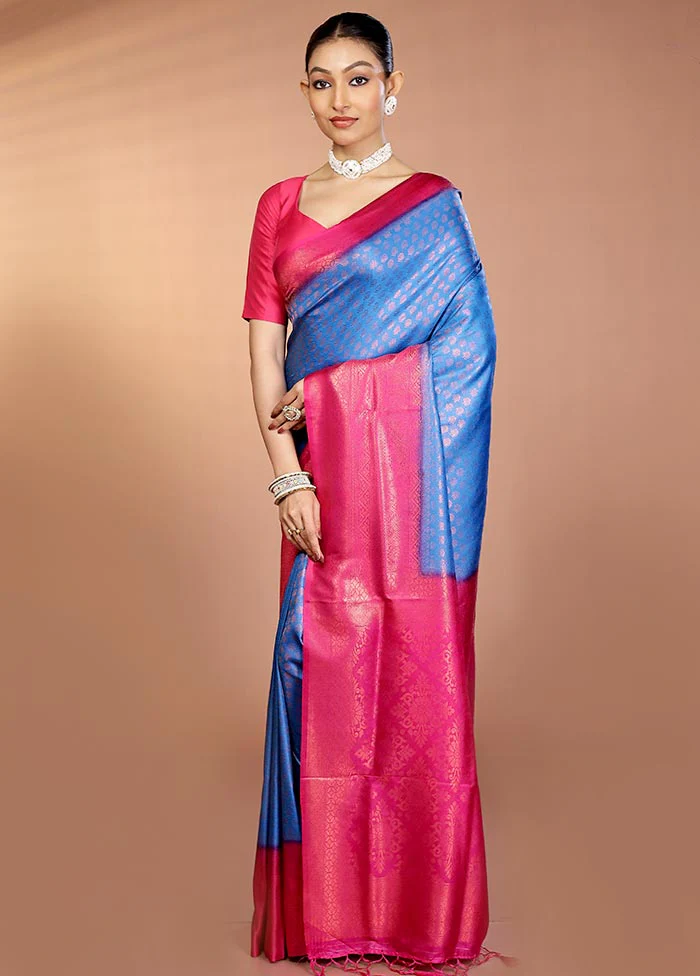 Blue Dupion Silk Saree With Blouse Piece - Image 4
