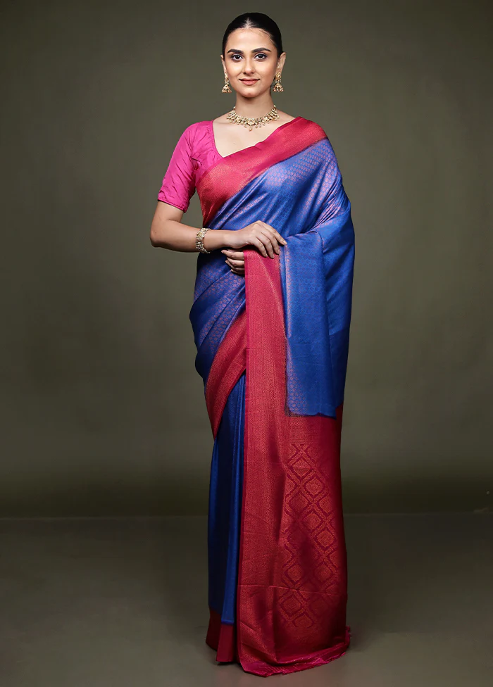 Blue Dupion Silk Saree With Blouse Piece - Image 2
