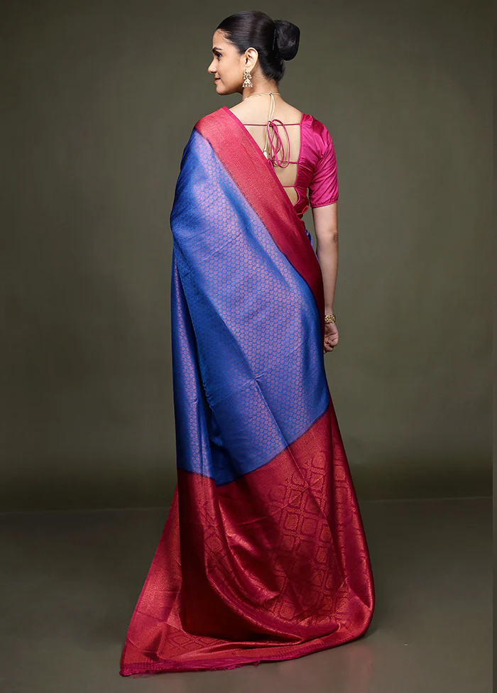Blue Dupion Silk Saree With Blouse Piece - Image 3