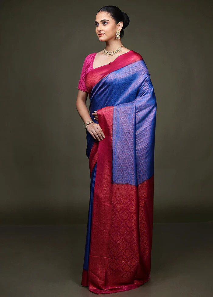 Blue Dupion Silk Saree With Blouse Piece - Image 4
