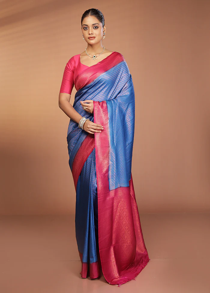Blue Dupion Silk Saree With Blouse Piece - Image 2
