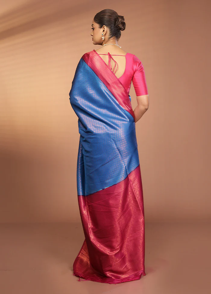 Blue Dupion Silk Saree With Blouse Piece - Image 3