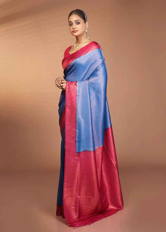 Blue Dupion Silk Saree With Blouse Piece - Image 4
