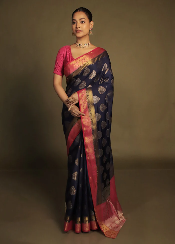 Blue Dupion Silk Saree With Blouse Piece