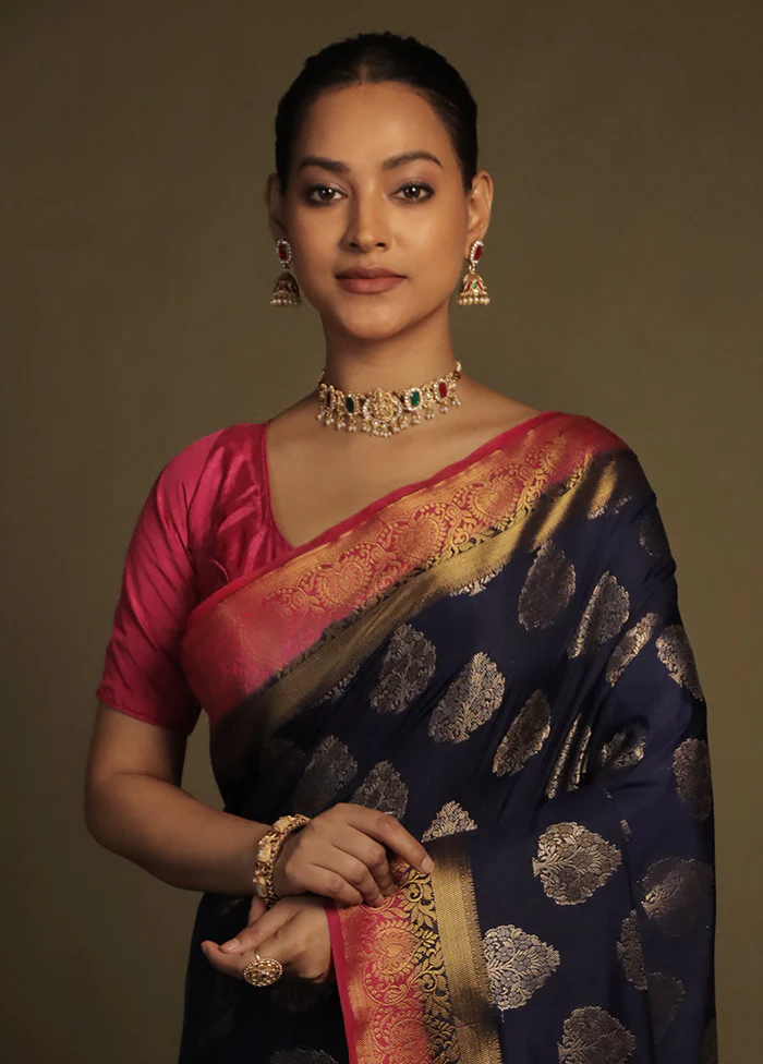 Blue Dupion Silk Saree With Blouse Piece - Image 2