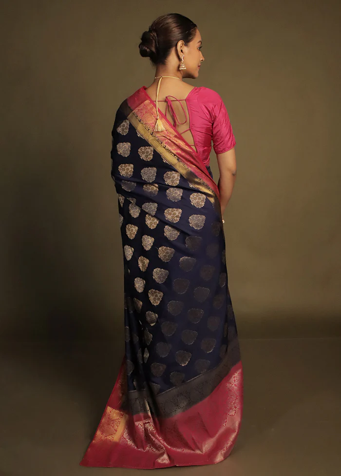 Blue Dupion Silk Saree With Blouse Piece - Image 3