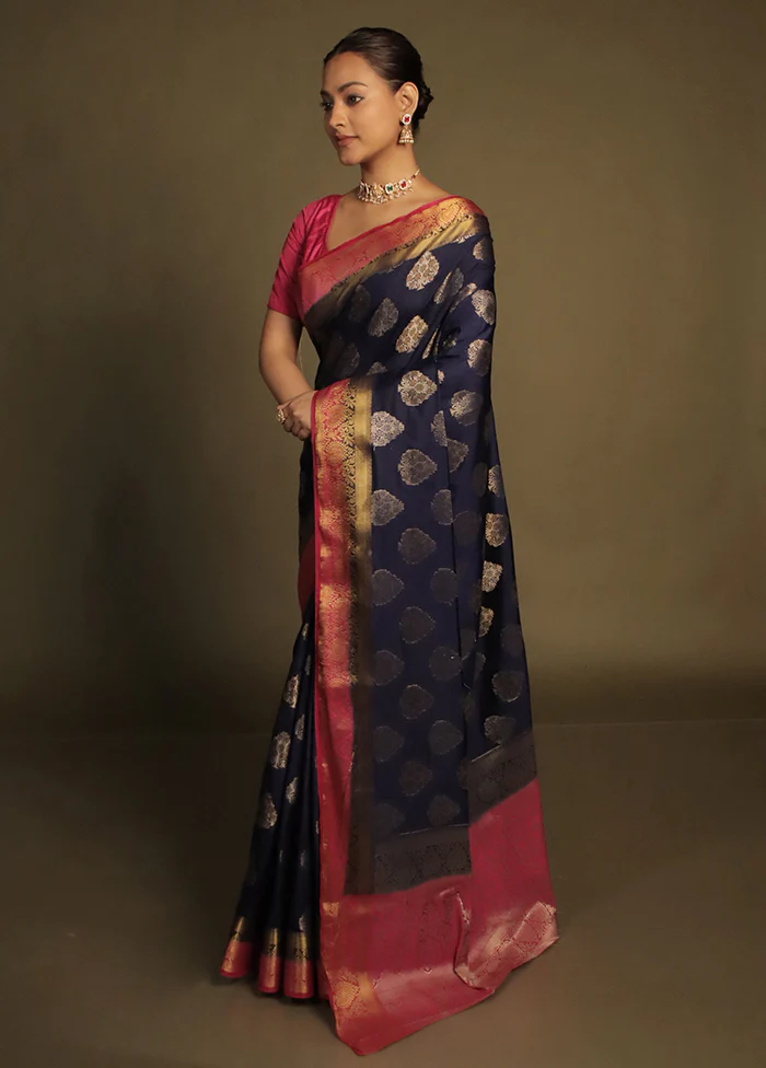 Blue Dupion Silk Saree With Blouse Piece - Image 4