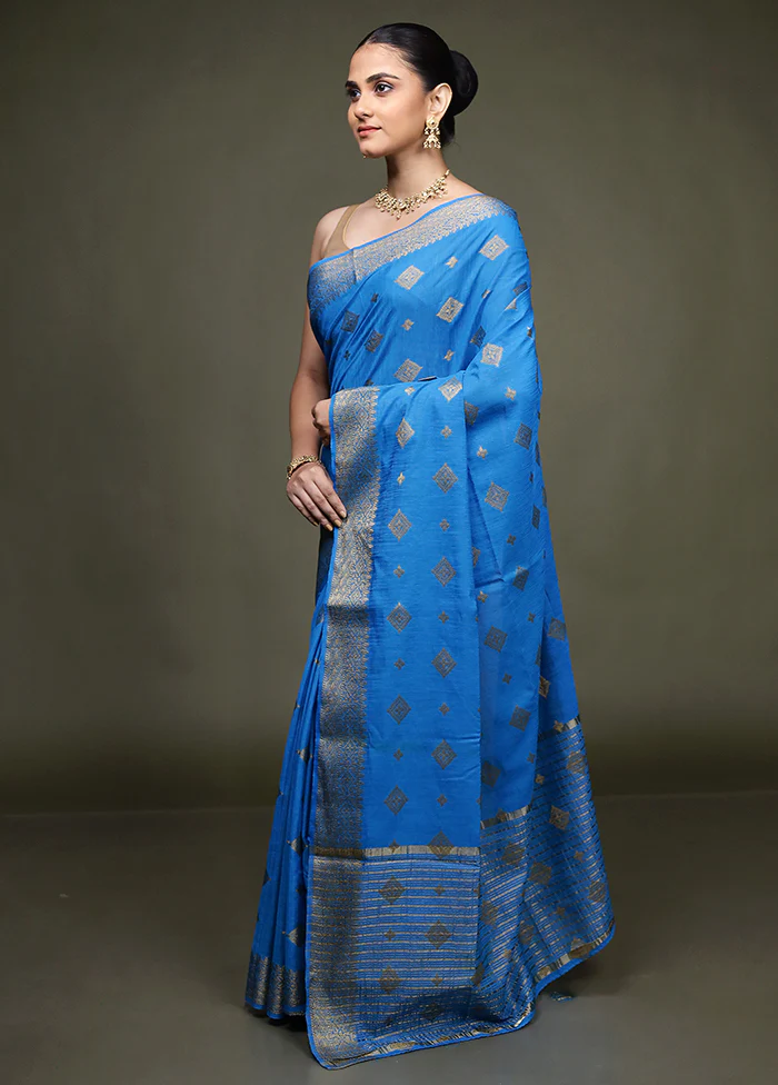 Blue Dupion Silk Saree With Blouse Piece - Image 4