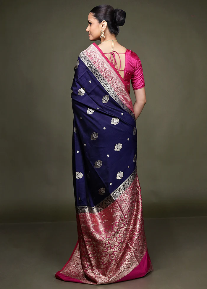 Blue Dupion Silk Saree With Blouse Piece - Image 3