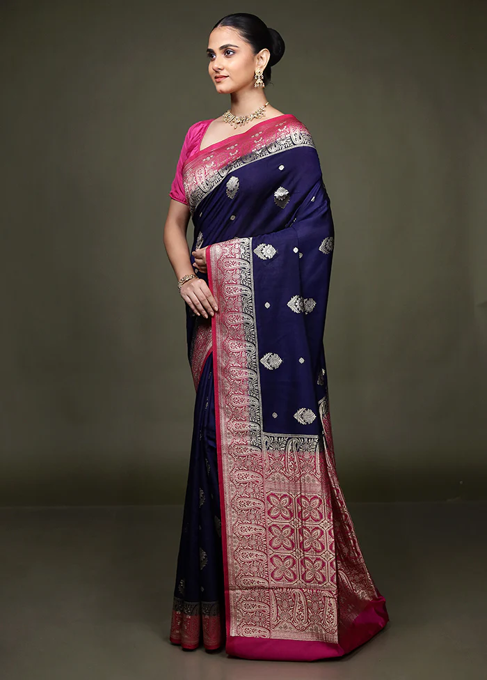 Blue Dupion Silk Saree With Blouse Piece - Image 4