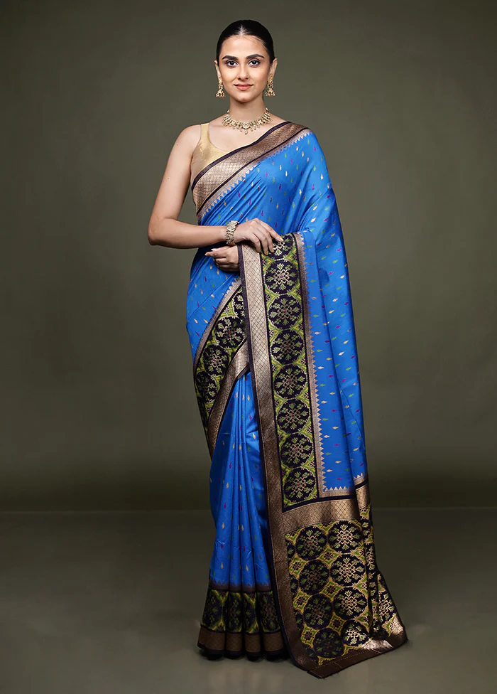 Blue Dupion Silk Saree With Blouse Piece - Image 2