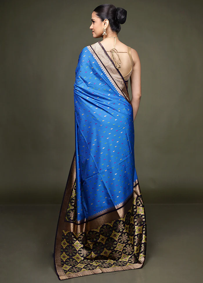 Blue Dupion Silk Saree With Blouse Piece - Image 3