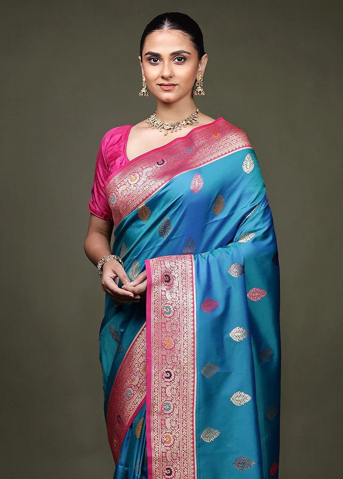 Blue Dupion Silk Saree With Blouse Piece