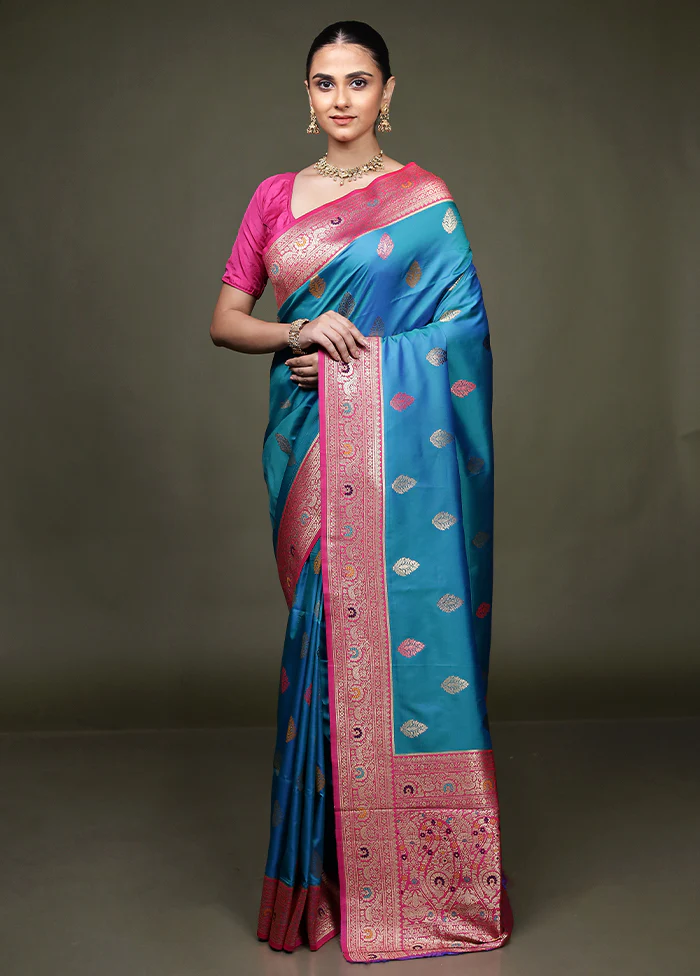 Blue Dupion Silk Saree With Blouse Piece - Image 2