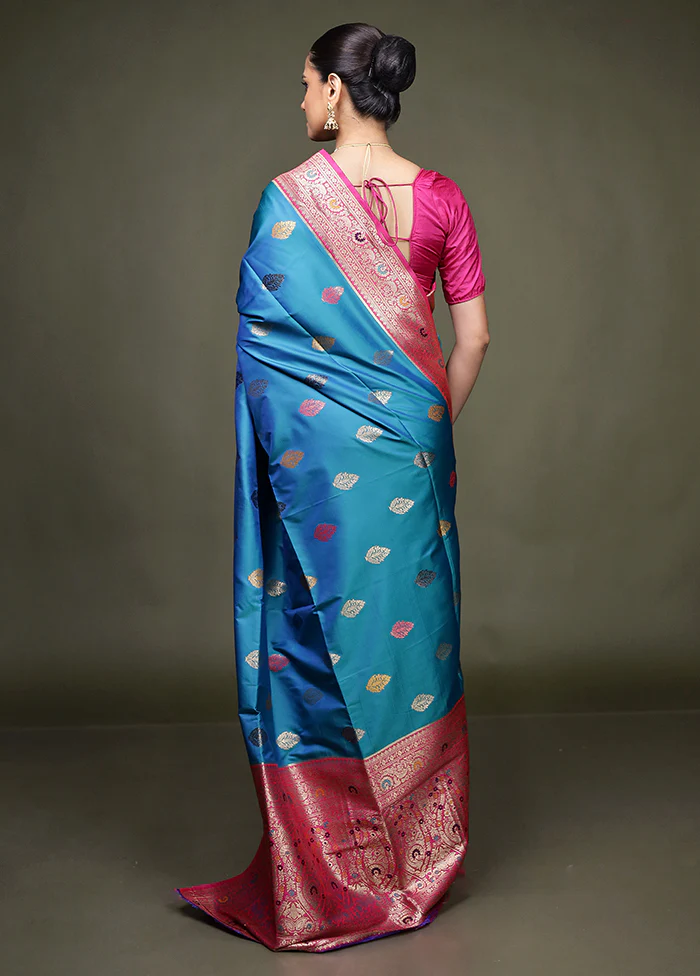 Blue Dupion Silk Saree With Blouse Piece - Image 3