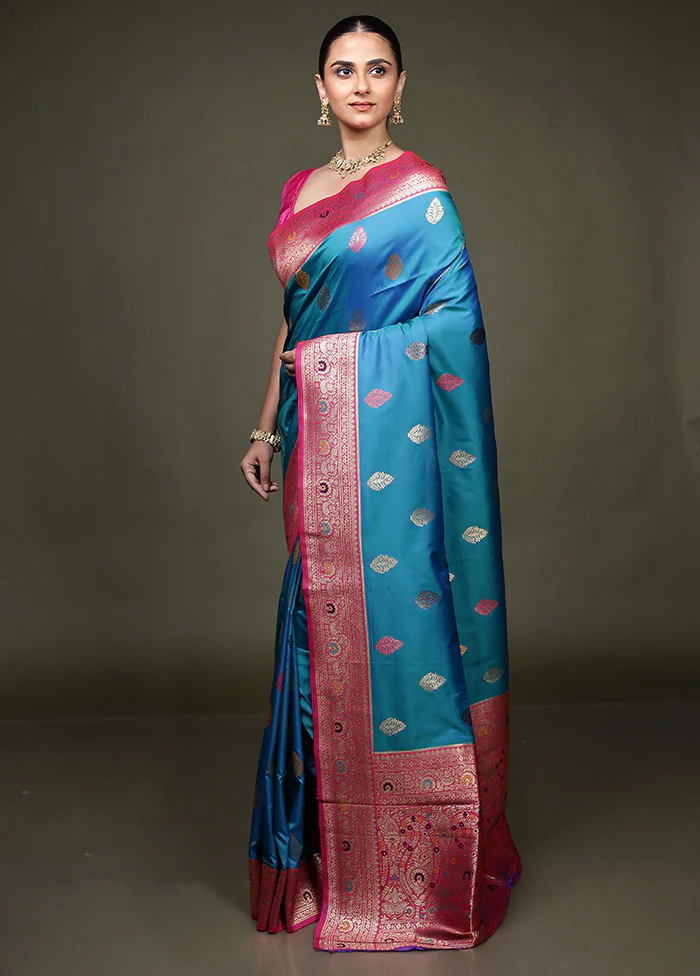 Blue Dupion Silk Saree With Blouse Piece - Image 4